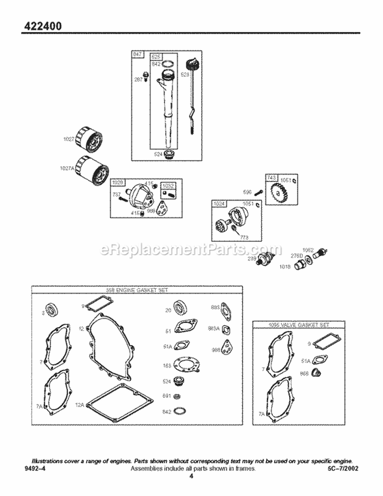 KitGasket Sets - Engine KitGasket Sets - Valve Oil Diagram and Parts List for 422445-1290-01  Briggs and Stratton Engine